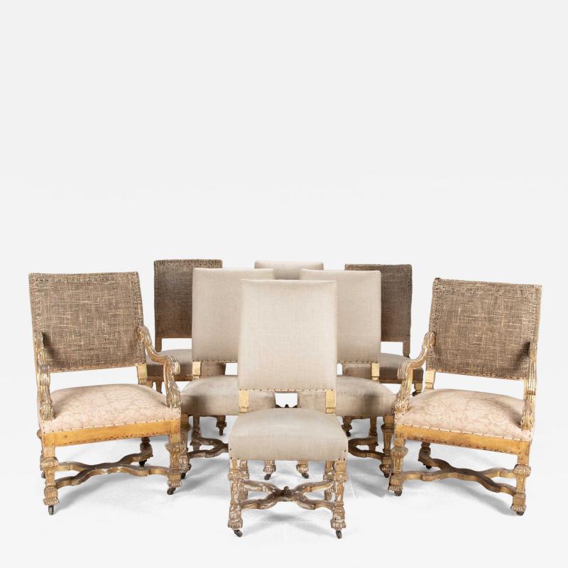 Set of Six 19th Century Louis XIV Style Giltwood Dining Chairs and Two Armchairs