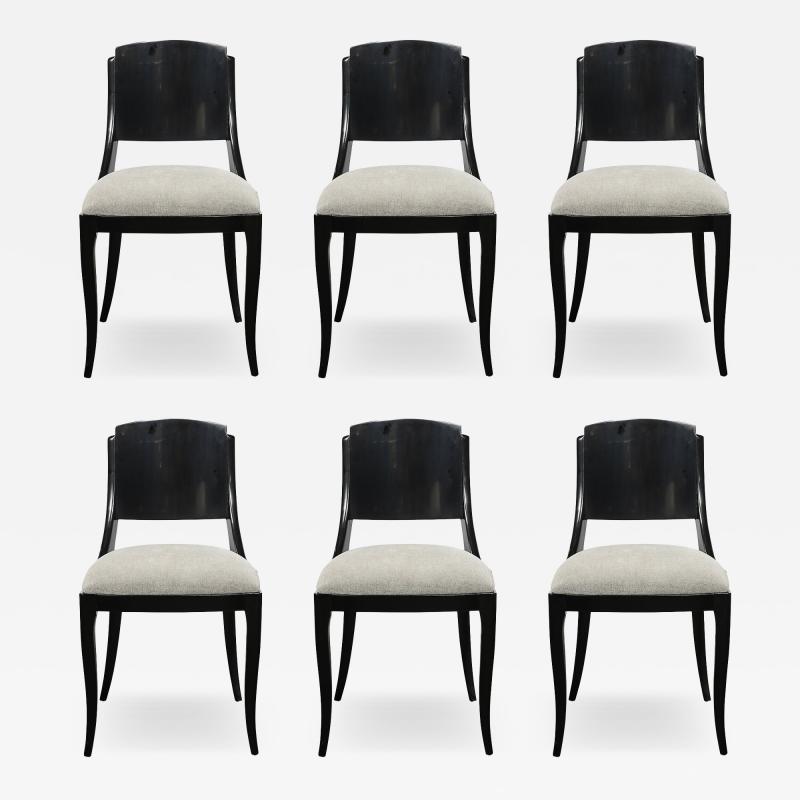Set of Six Art Deco Sculptural Dining Chairs in Ebonized Walnut Taupe Mohair