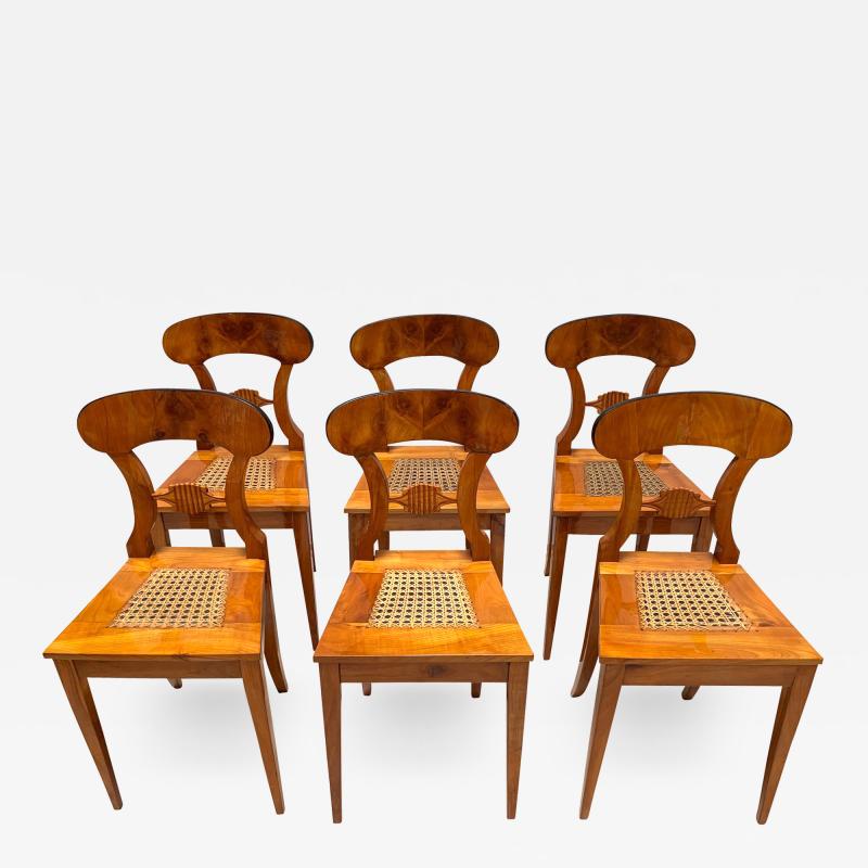 Set of Six Biedermeier Board Chairs Cherry Veneer Mesh Austria circa 1830