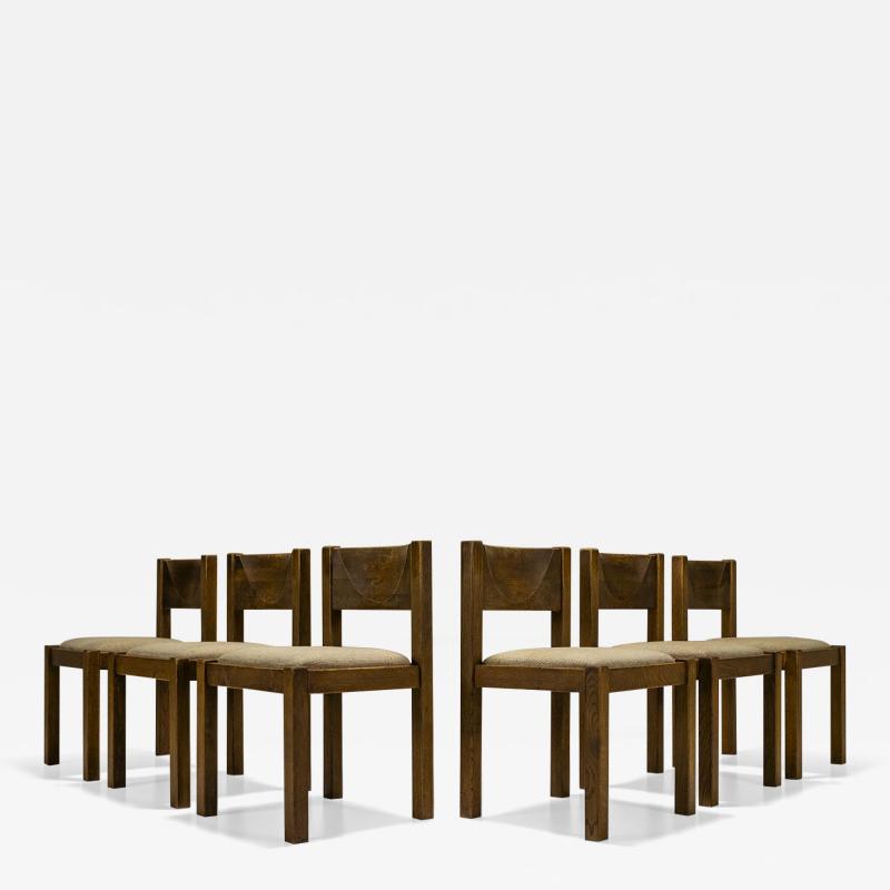 Set of Six Brutalist Oak Dining Chairs France 1960s