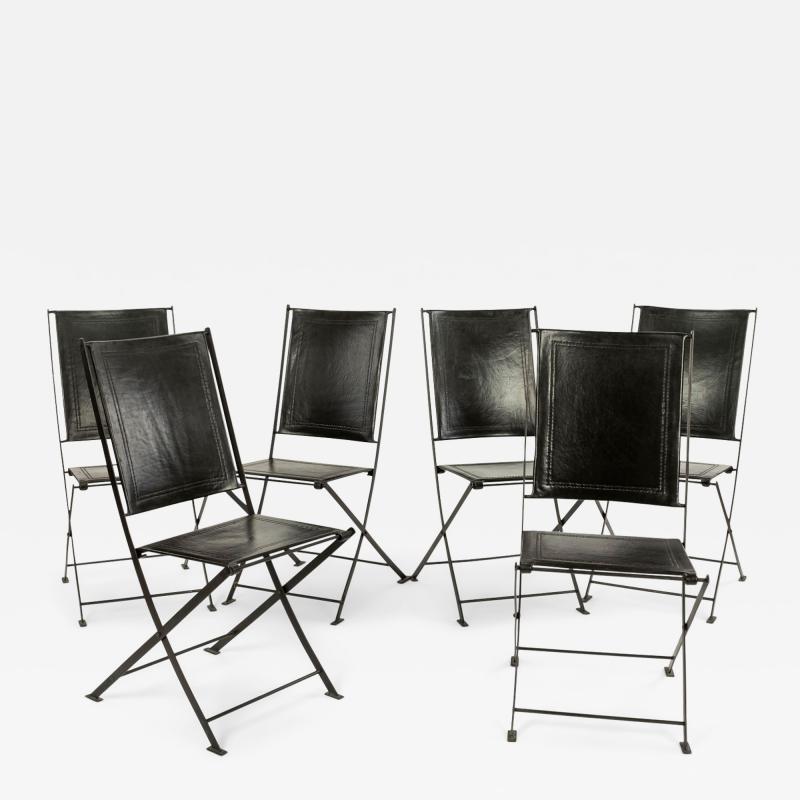 Set of Six Campaign Style Leather and Steel Dining Chairs