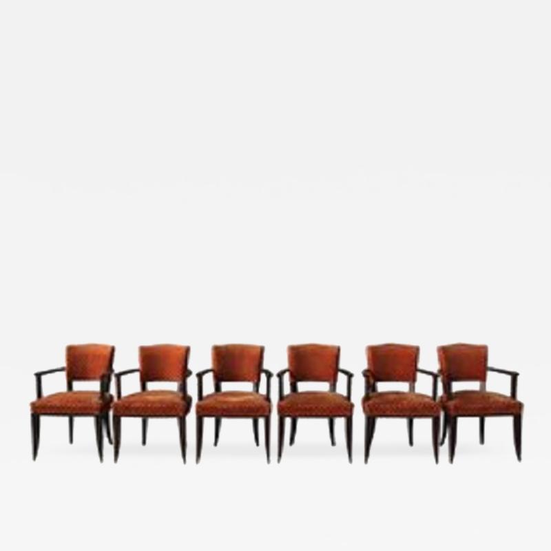 Set of Six French Art Deco Darkened Wood Bridge Chairs with Bronze Sabots