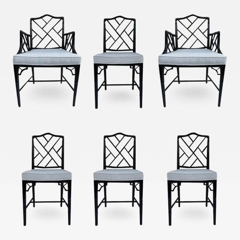 Set of Six Hollywood Regency Faux Bamboo Chinoiserie Dining Chairs in Black
