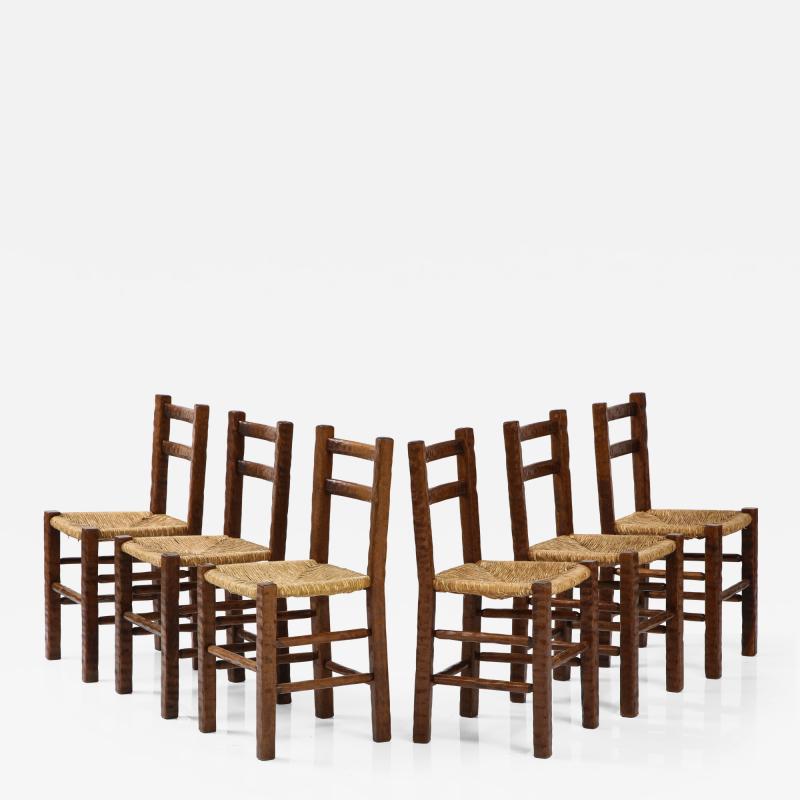 Set of Six Italian 1950s Beechwood and Rush Seat Dining Chairs