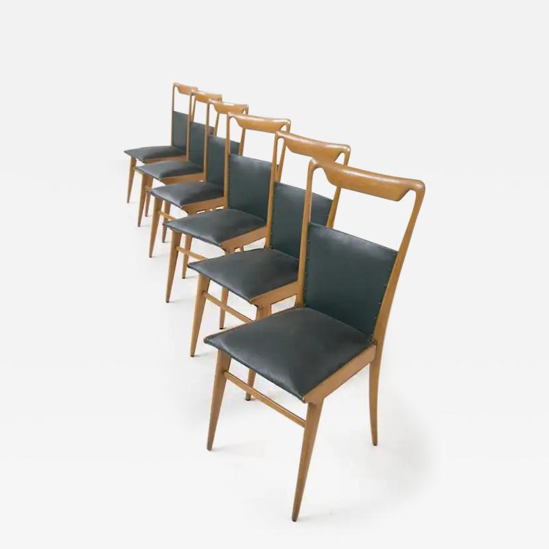 Set of Six Italian Vintage Chairs in Wood and Dark Green Leather