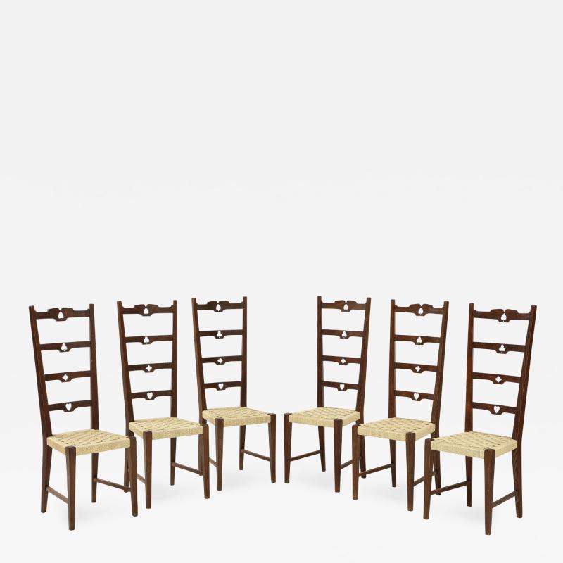 Set of Six Italian Walnut Rustic Ladder Back Chairs with Playing Card Motif
