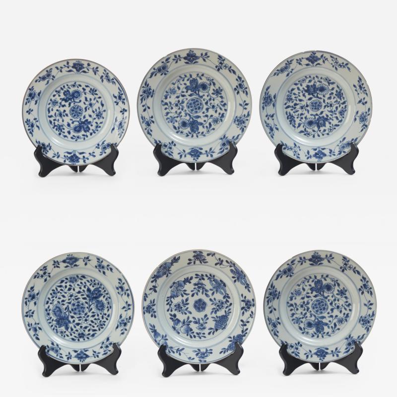 Set of Six Kangxi Blue and White Plates with Chrysanthemum and Lotus Decoration