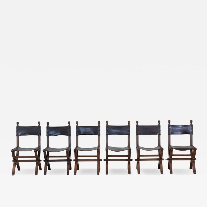Set of Six Mid 20th Century Spanish Walnut and Leather Dining Chairs