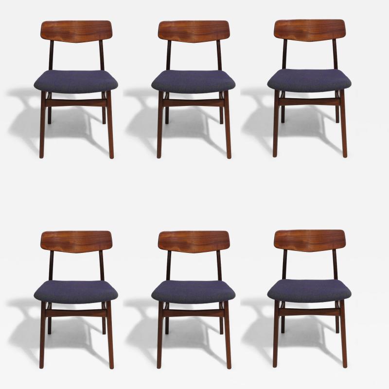Set of Six Mid century Danish Teak Dining Chairs in Purple Wool Textile