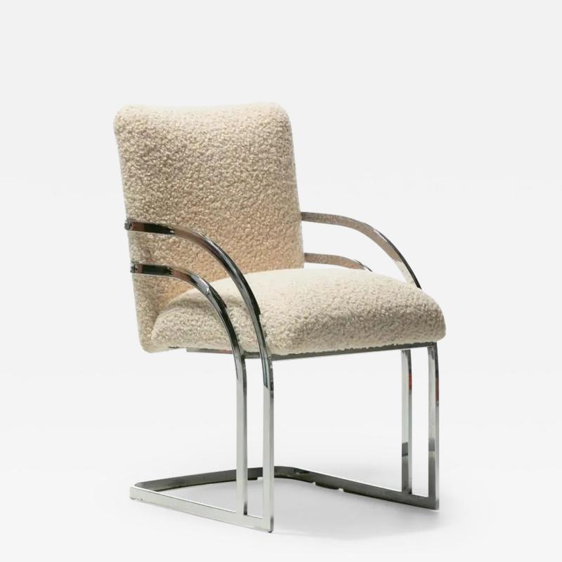 Set of Six Milo Baughman Style Chrome Dining Chairs in Ivory White Boucl 