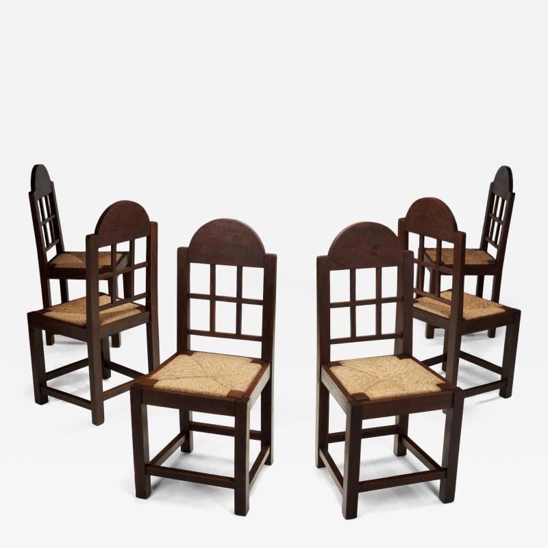 Set of Six Oak and Straw Dining Chairs with Geometric Backs Spain ca 1930s