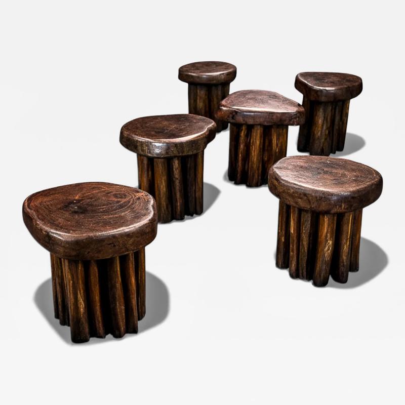 Set of Six Sculptural Den ncia Stools in Solid Reclaimed Wood Lot 765A