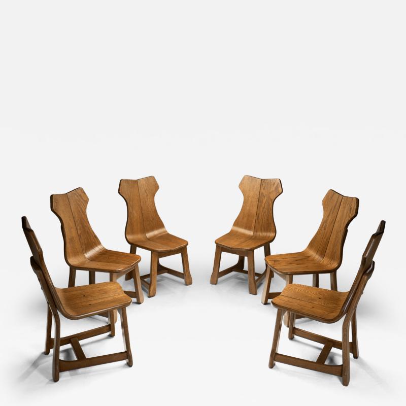Set of Six Solid Oak Brutalist Dining Chairs Europe 1950s