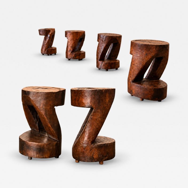 Set of Six Totemic Sculptural Stools in Hand Carved Wood Brazil Lot 982 983