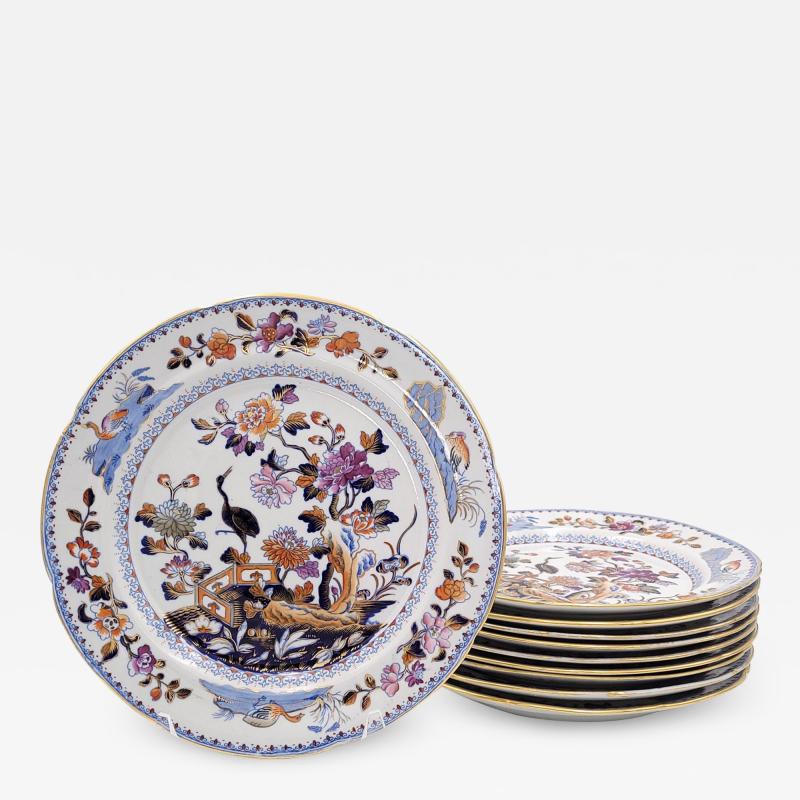 Set of Ten Davenport Stone China Crane Pattern Dinner Plates circa 1820