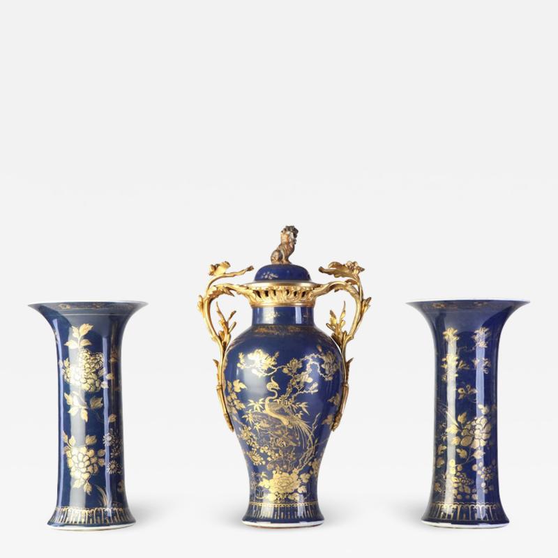 Set of Three 18th century Chinese Powder Blue Gilt Decorated Vases