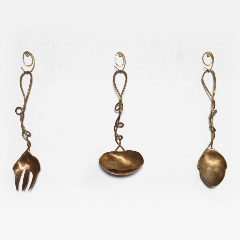 Set of Three Brutalist Brass Decorative Serving Pieces Ladle Spoon and Fork