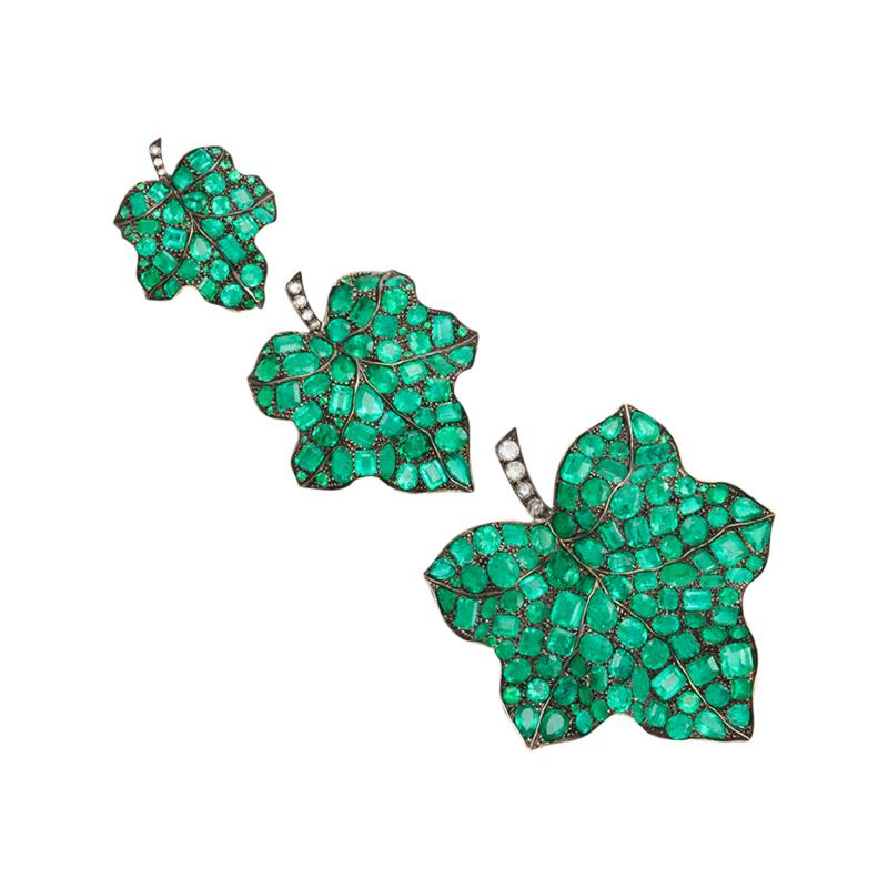 Set of Three Emerald Diamond Leaf Pins