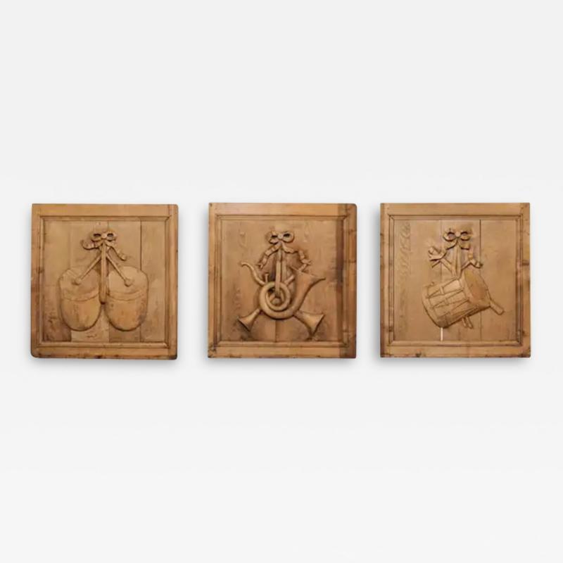 Set of Three French 19th Century Carved Oak Panels with Musical Instruments