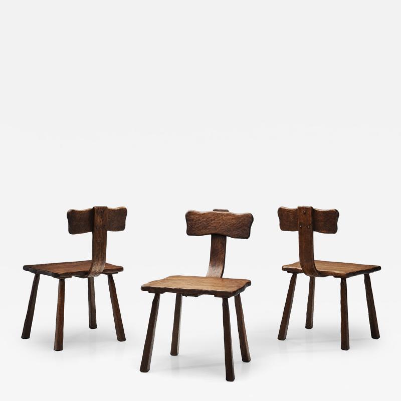 Set of Three Rare Handcrafted Wooden Chairs Europe ca 1950s
