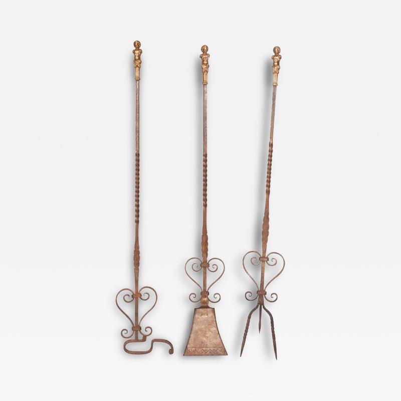 Set of Three Renaissance Style Wrought Iron and Bronze Firetools
