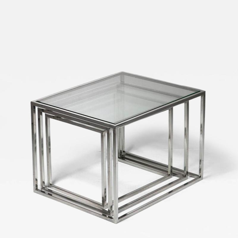 Set of Three Steel and Brass Cubic Nesting Tables Italy 1970s
