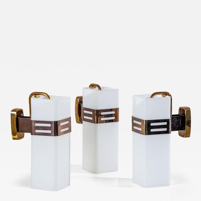 Set of Three Wall Sconces in Opaline Glass and Brass by Stilnovo Milan Italy