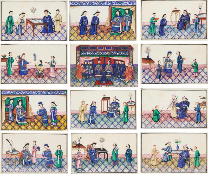 Set of Twelve Chinese Pith Paper Paintings of Court Scenes