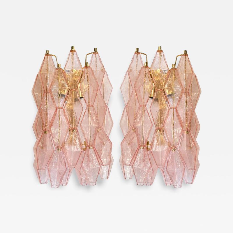 Set of Two Contemporary Pink Poliedri Murano Glass Gold 24k Wall Sconces