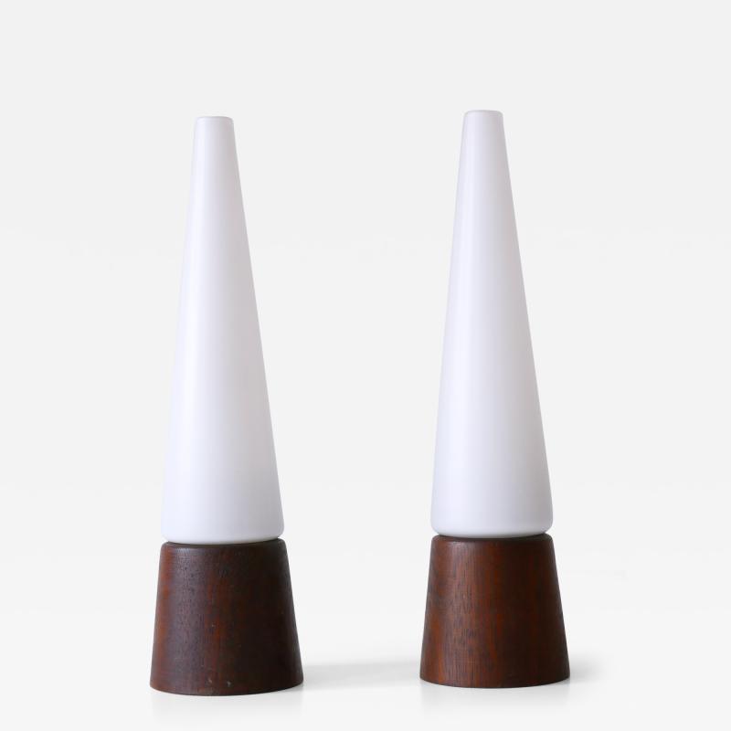 Set of Two Mid Century Modern Opaline Glass Teak Table Lamps Scandinavia 1960s