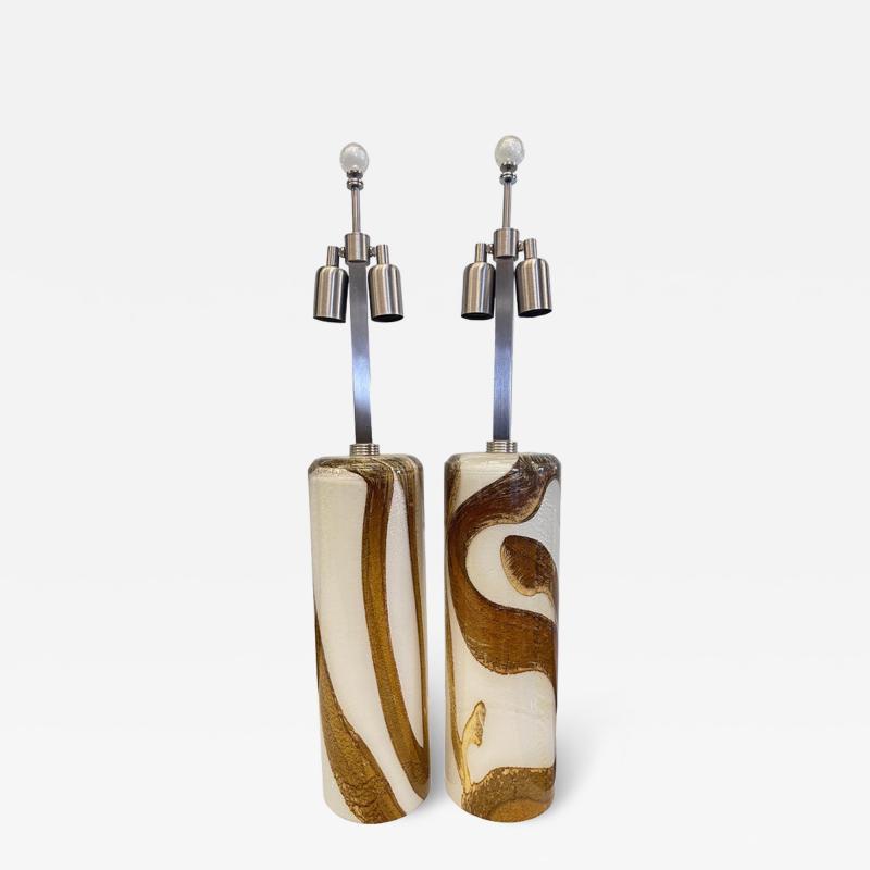 Set of Two Milky White Gold and Amber Murano Glass Table Lamps