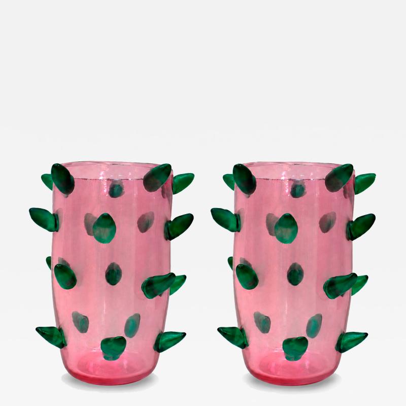 Set of Two Pink and Green Murano Glass Art Deco Vases with Applied Spikes 80s