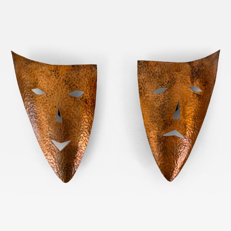 Set of Two Rare Hand Hammered Copper Wall Objects or Masks Germany 1960s