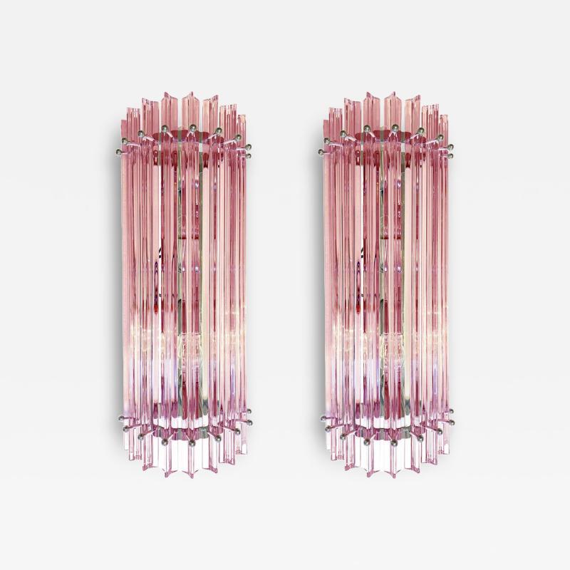 Set of Two Scenographic Pink Triedro Murano Glass Wall Sconces