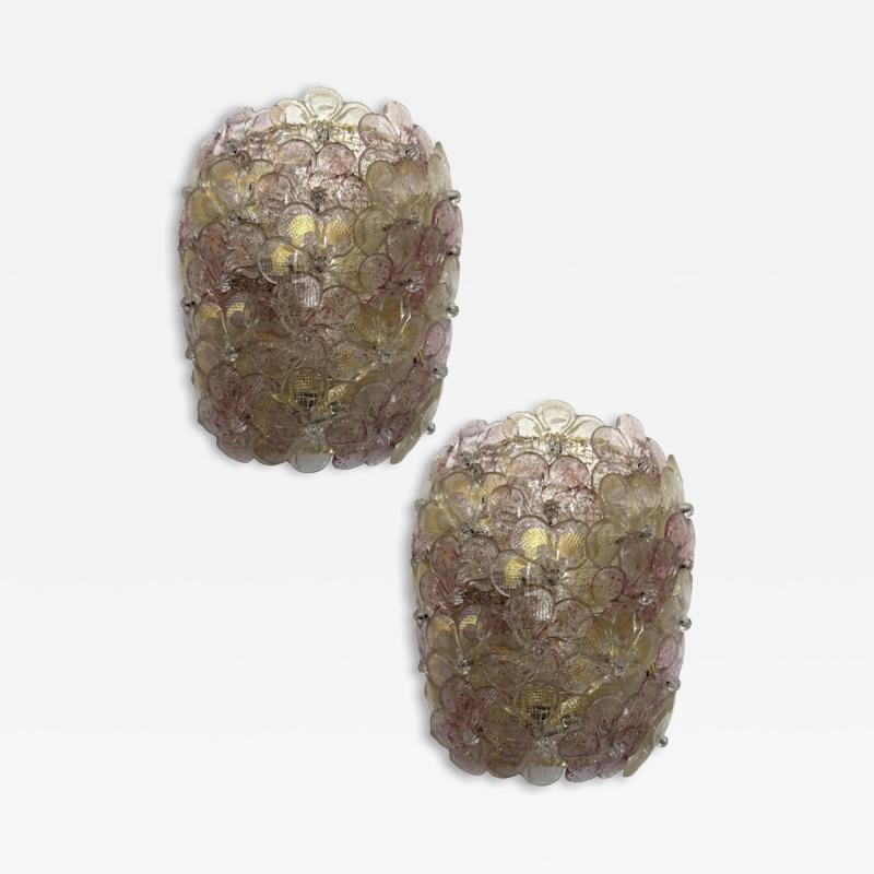 Set of Two Venetian Gold and Violet Flowers Murano Glass Wall Sconces
