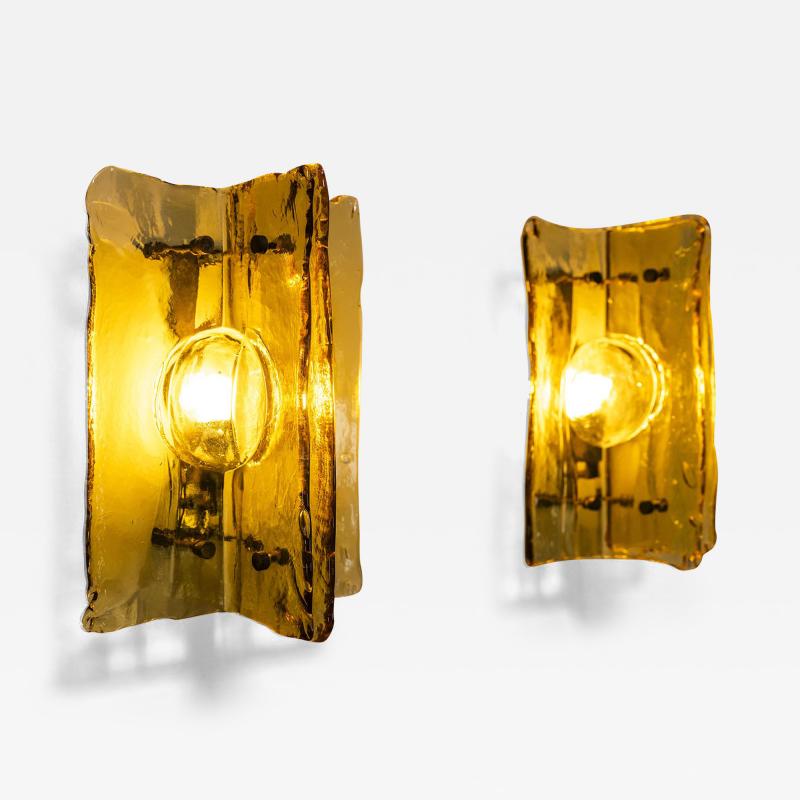 Set of Two Wall Lamps in Yellow Murano Glass and Brass Italy 1970s