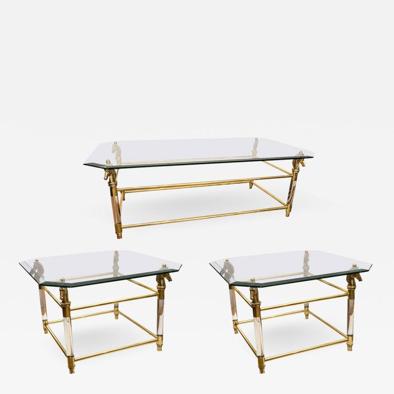 Set of Vintage French Brass and Lucite Horse Head Glass Top Tables