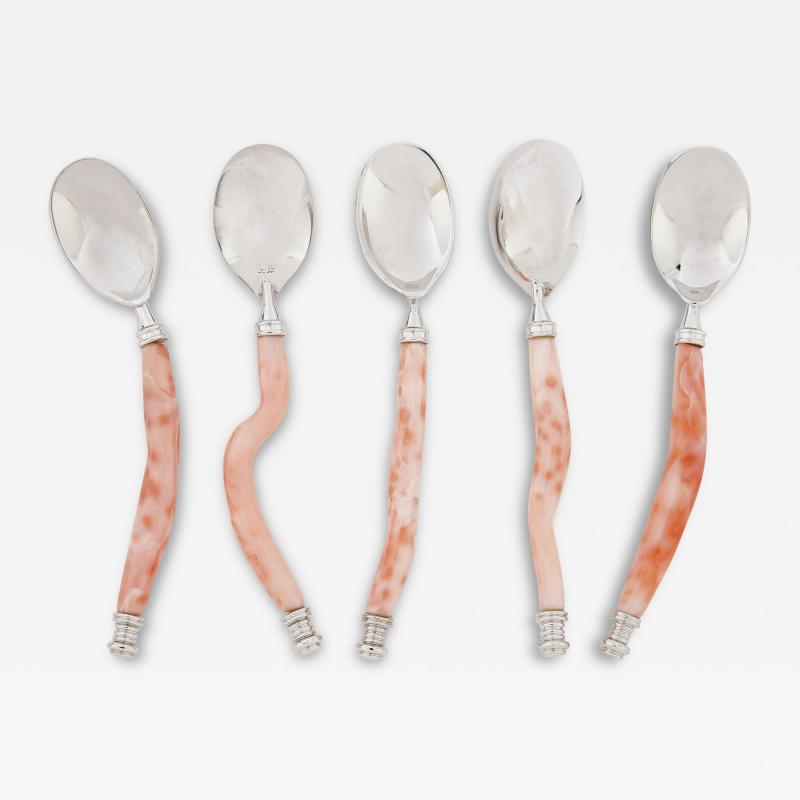 Set of five red coral and silver spoons