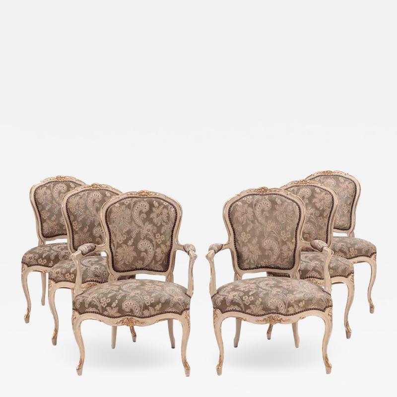 Set of six painted and giltwood French upholstered dining chairs Louis XV style