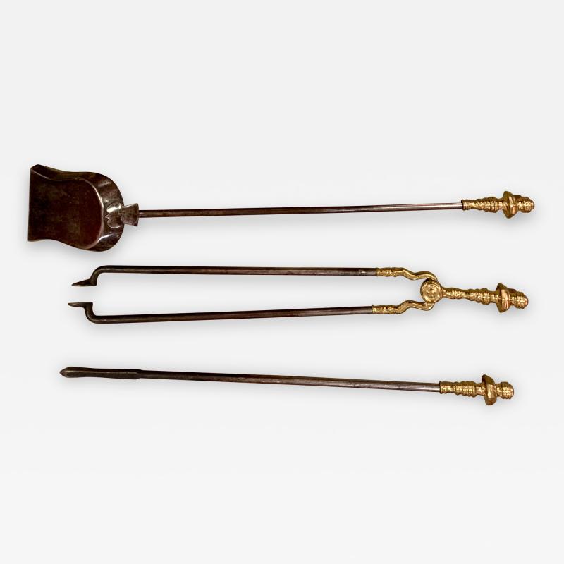 Set of steel and brass fire tools 