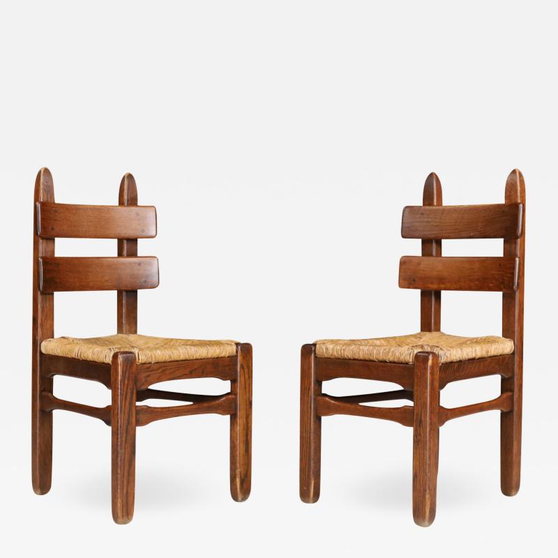 Set six 1950s French brutalist oakwood dining chairs