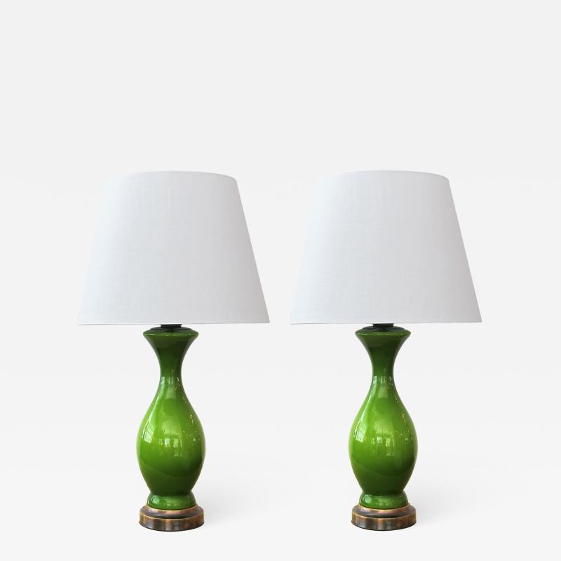 Shapely Pair of 1960s Apple Green Cased Glass Baluster Form Lamps
