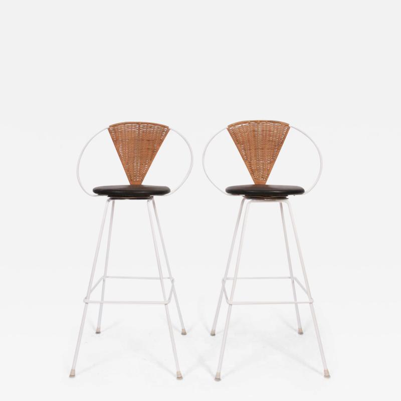 Shaver Howard Pair of Arthur Umanoff for Shaver Howard Iron Rattan Black Leather Bar Stools