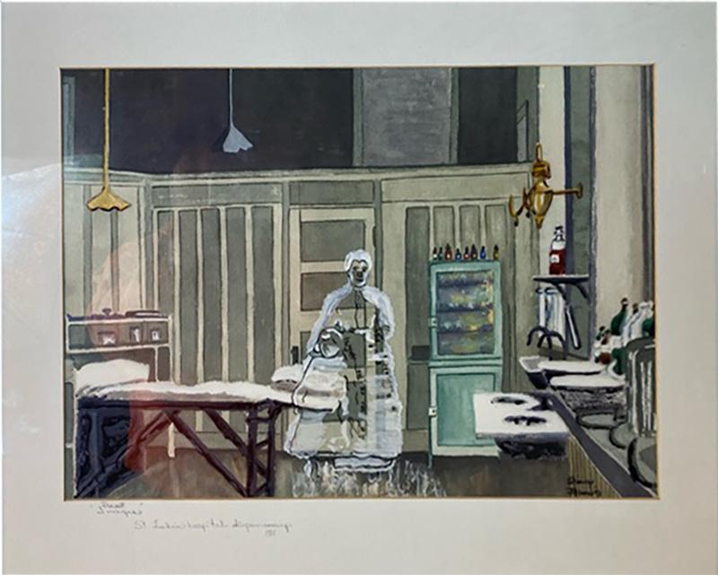 Sherry Plano GHOSTLY FIGURES INSIDE HOSPITAL DISPENSARY WATERCOLOR BY SHERRY PLANO