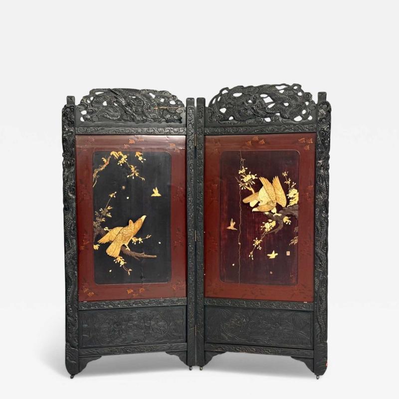 Shibayama Art Meiji Era Ebonized Wood Lacquer Two Panel Screen Japan 1890s