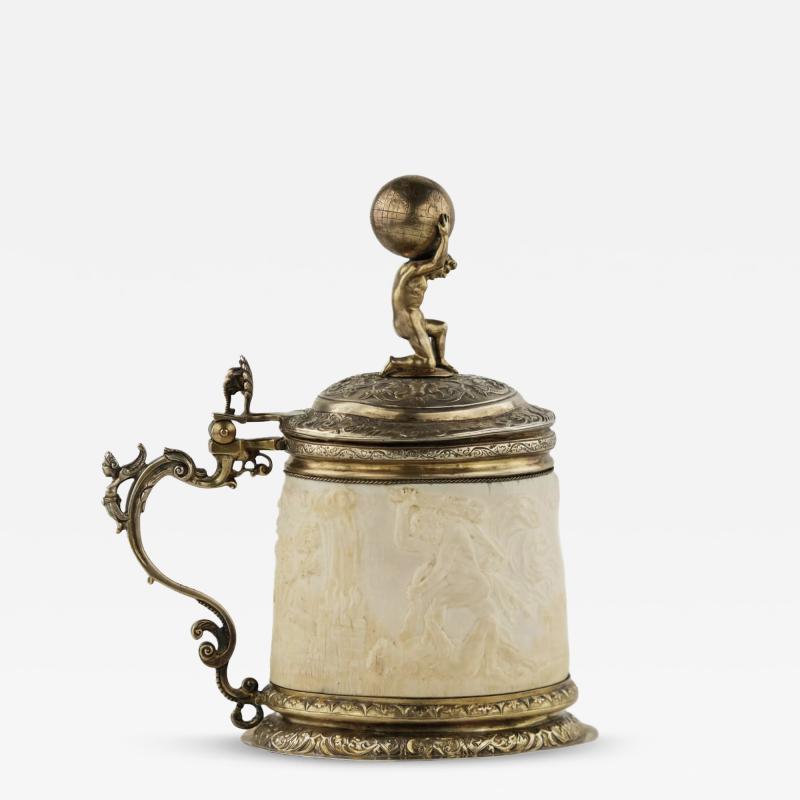 Silver Beer Tankard With Atlas And Carved Ivory Religious Scenes Lubeck