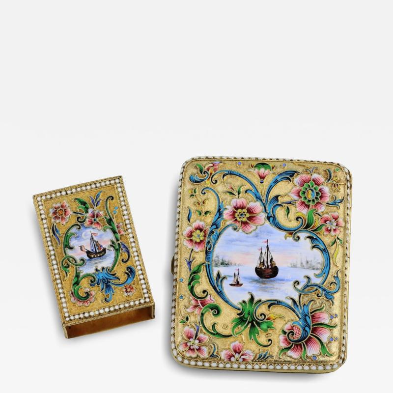 Silver Cigarette Case And Matchbox With Cloisonne Enamel Moscow