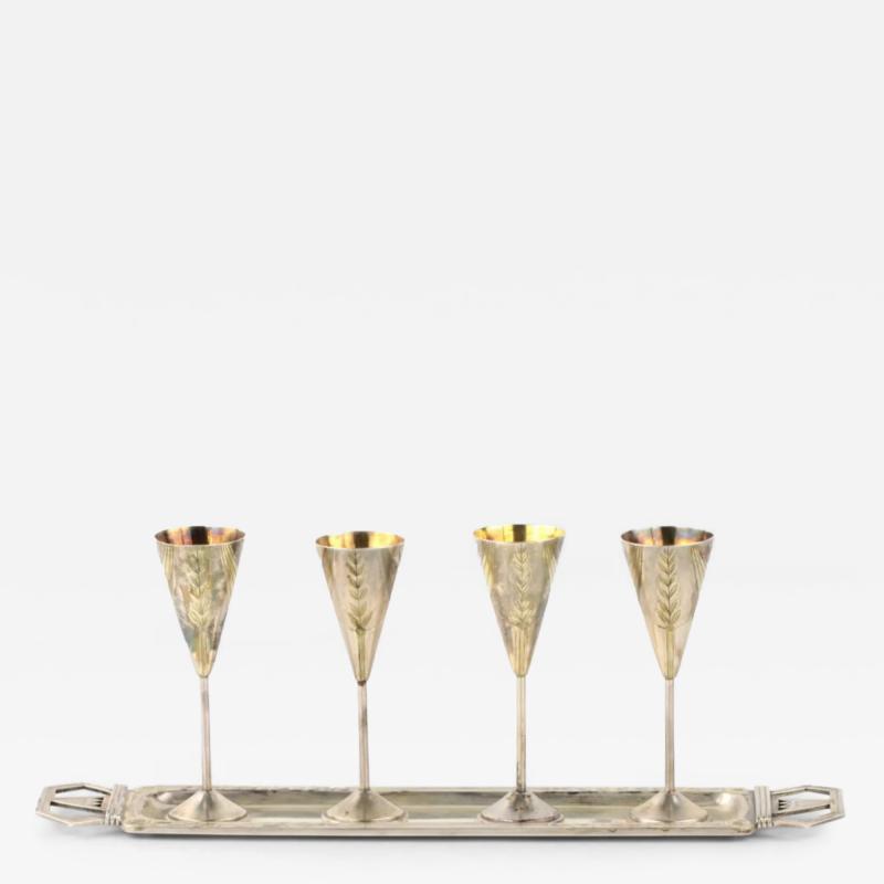 Silver Cognac Set With Four Gilt Shot Cups And Tray Ivan Khlebnikov