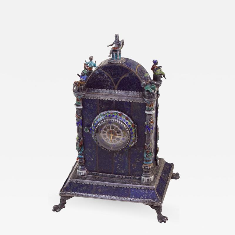 Silver Enamel and Lapis Lazuli Table Clock by Hermann Bohm