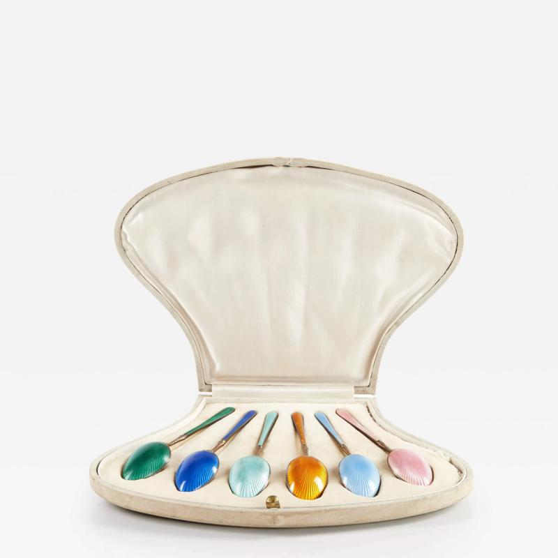 Silver Guilloche Enamel Spoon Set In Original Presentation Case Western Europe